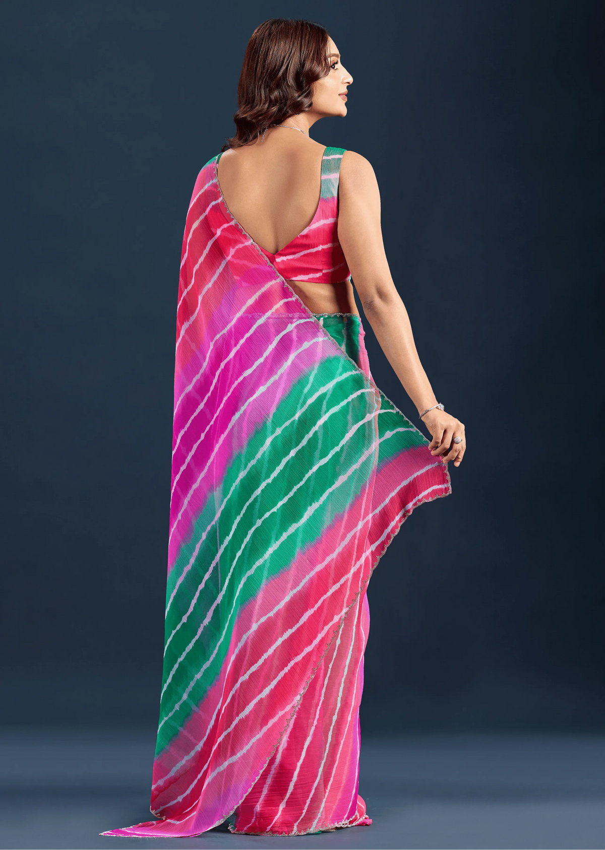 Rani Pink Chiffon Saree Back Pose - Leheriya Print Detail