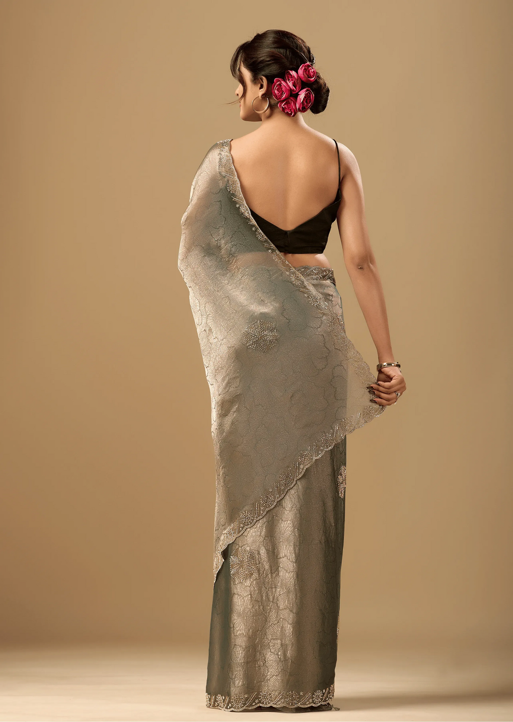 Sage Green Jacquard Saree With Crystal Stone Border