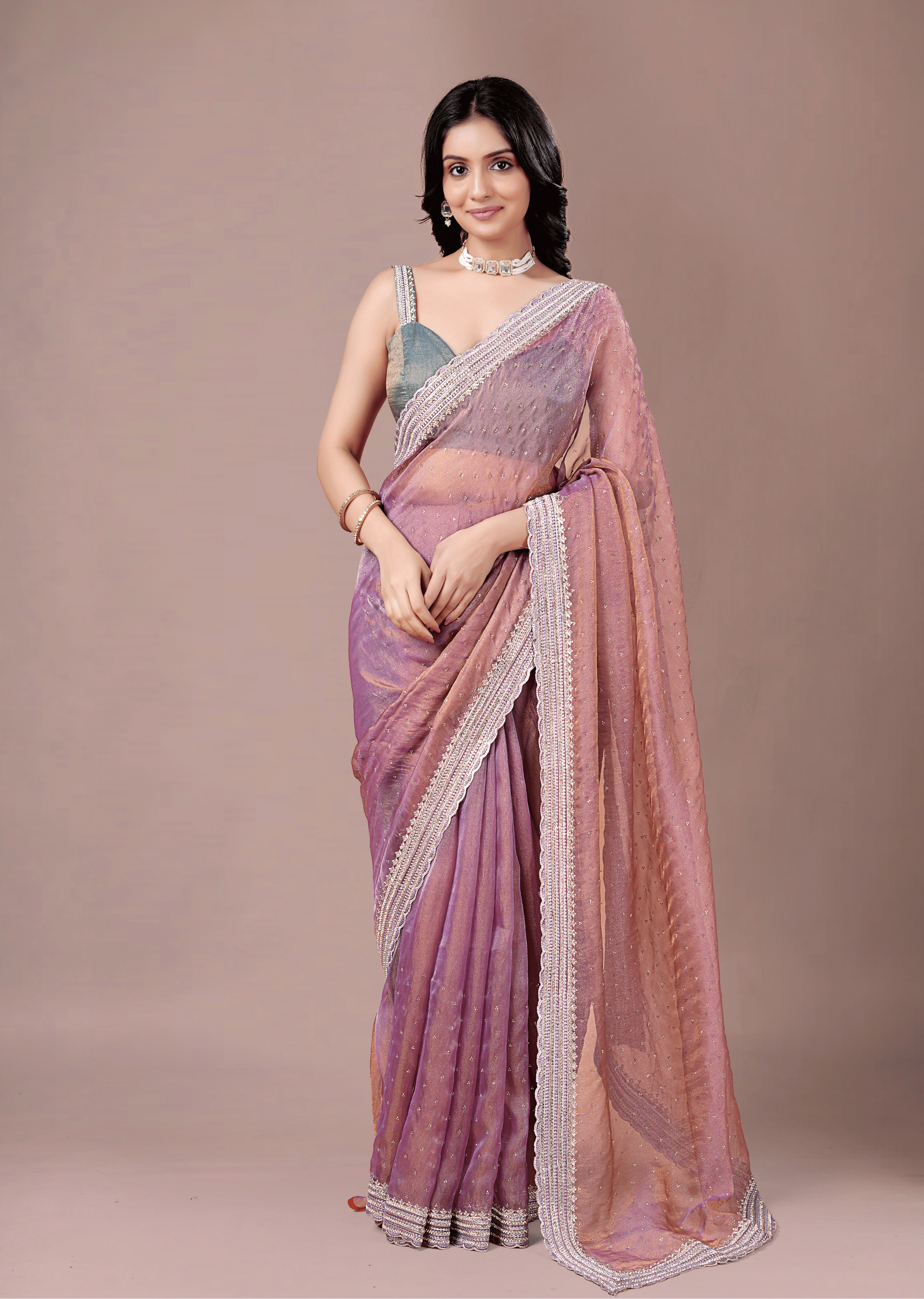 Lavender Purple Organza Saree With Stone Work