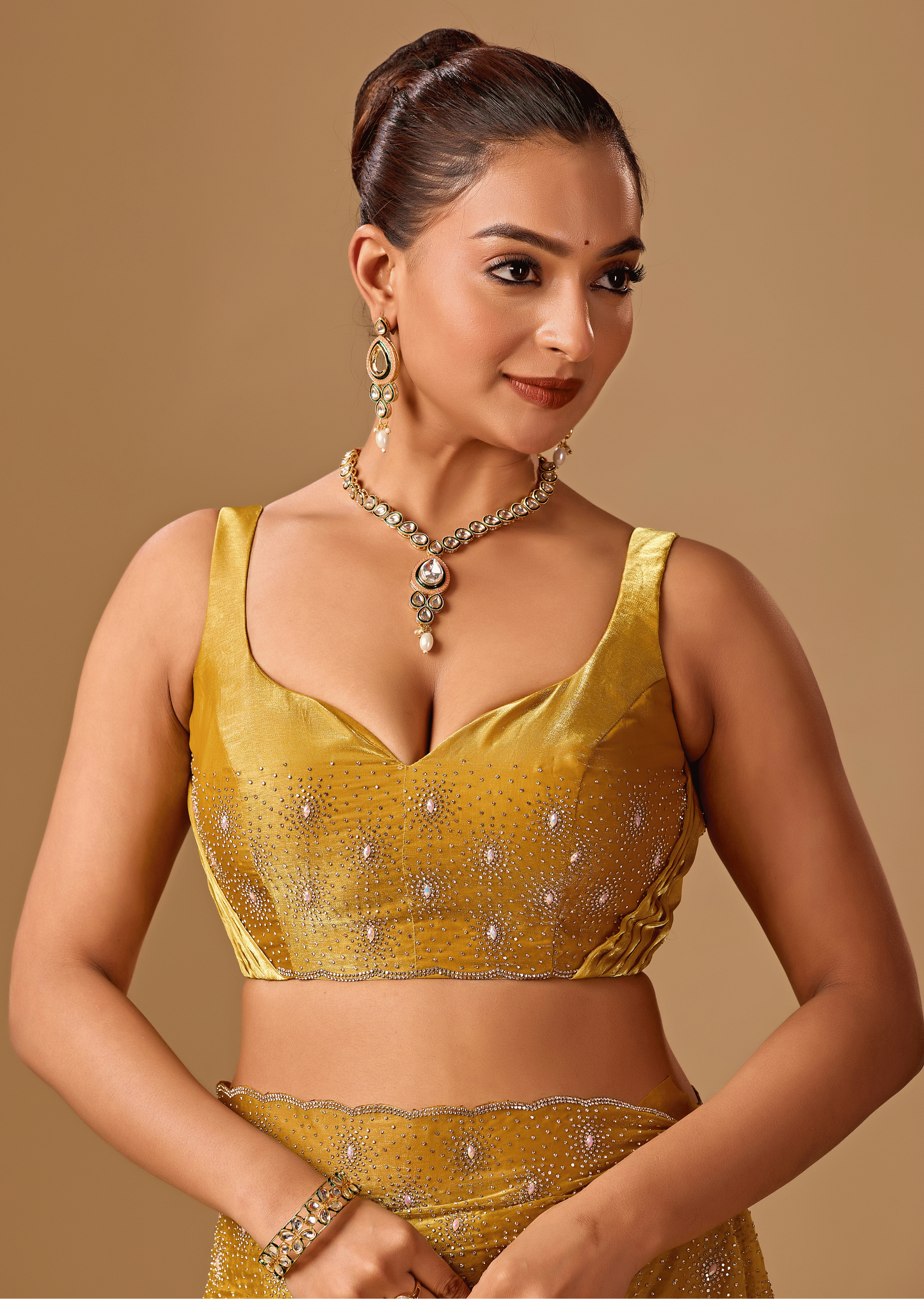Golden Mustard Tissue Silk Saree With Crystal Stone Border