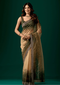 Olive Green Organza Saree With Floral Print