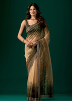 Olive Green Organza Saree With Floral Print