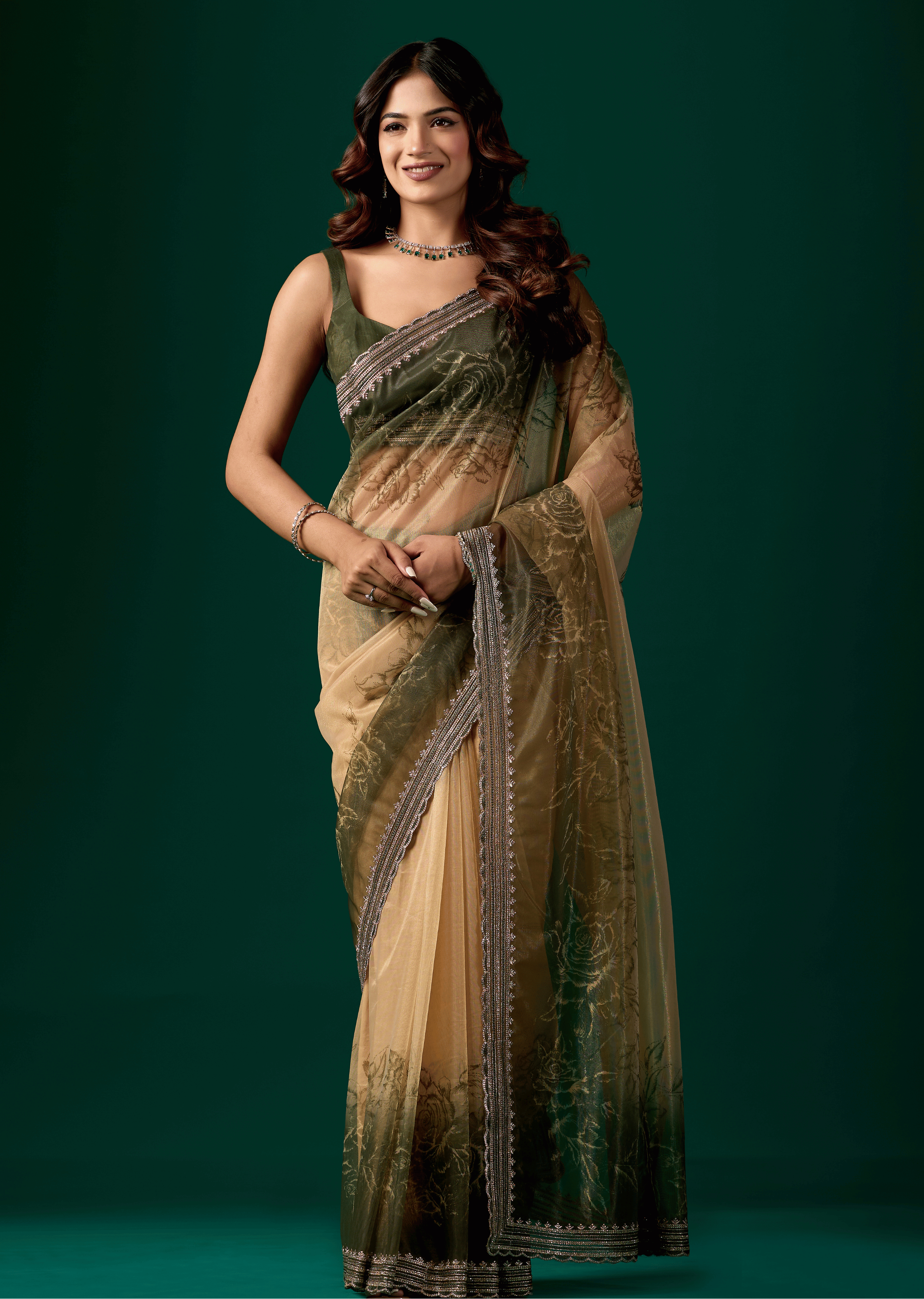 Olive Green Organza Saree With Floral Print