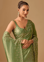Olive Green Tissue Silk Saree With Stone Embroidery
