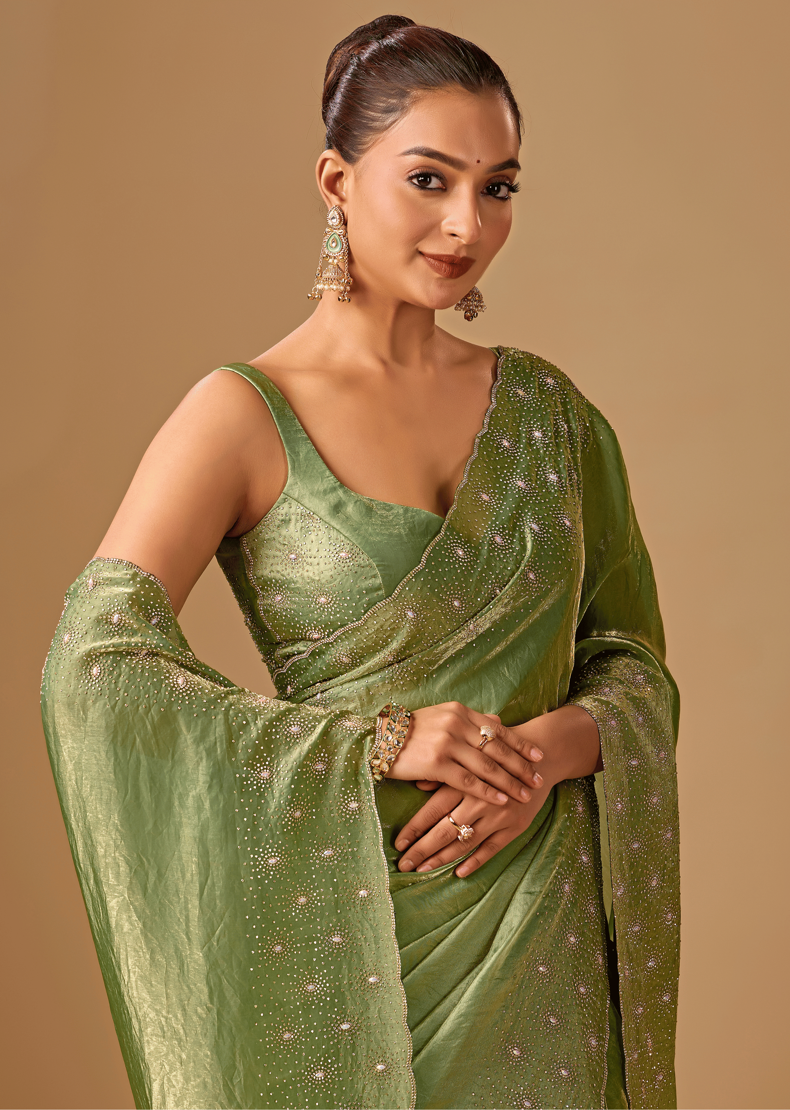 Olive Green Tissue Silk Saree With Stone Embroidery