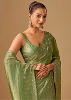  Olive Green Tissue Silk Saree Pallu Detail - Festive Wear Saree