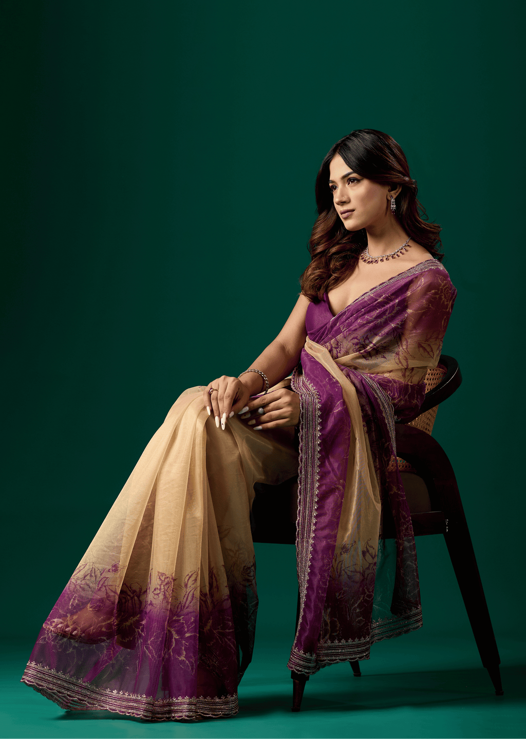 Royal Purple Organza Saree With Floral Print