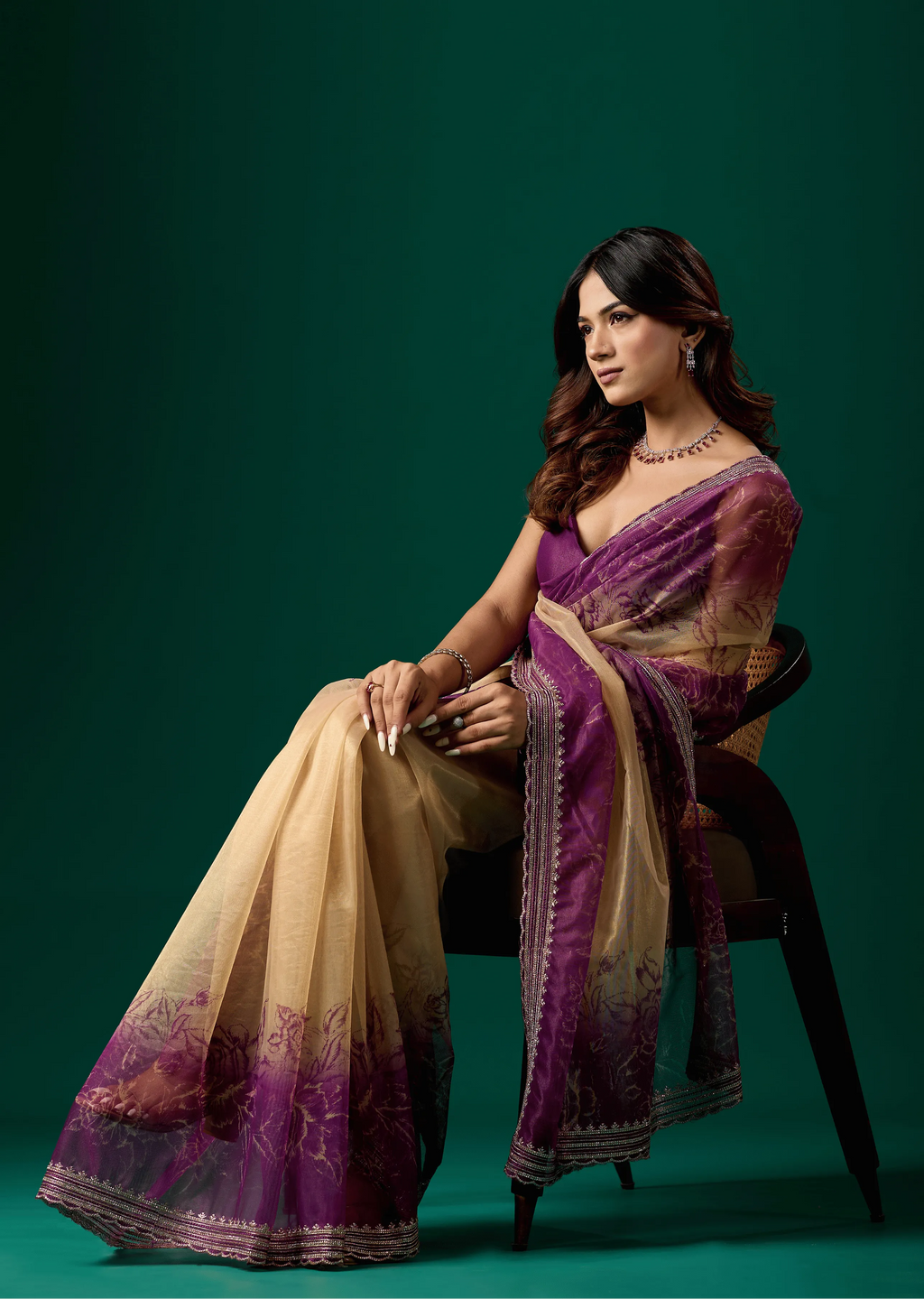 Royal Purple Organza Saree Side Pose - Wedding Wear Saree