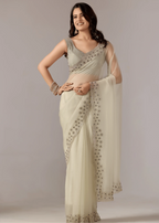 Pista Green Tissue Saree Close Up Pose - Traditional Wear Saree