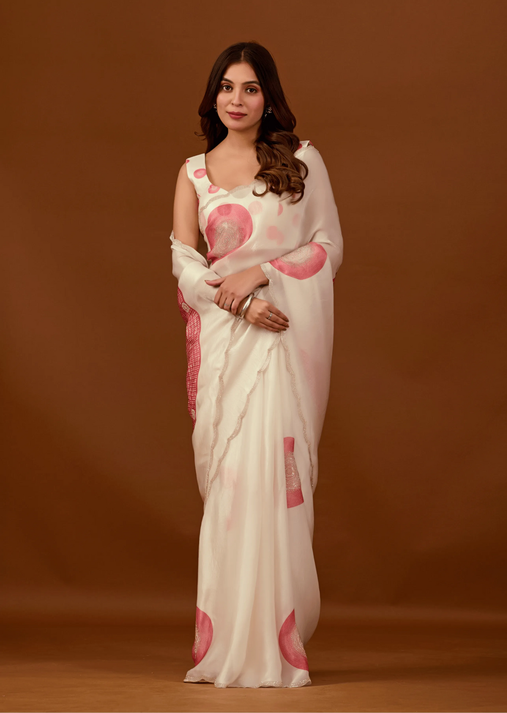 Ivory Organza Silk Saree Close Up Pose - Festive Wear Saree