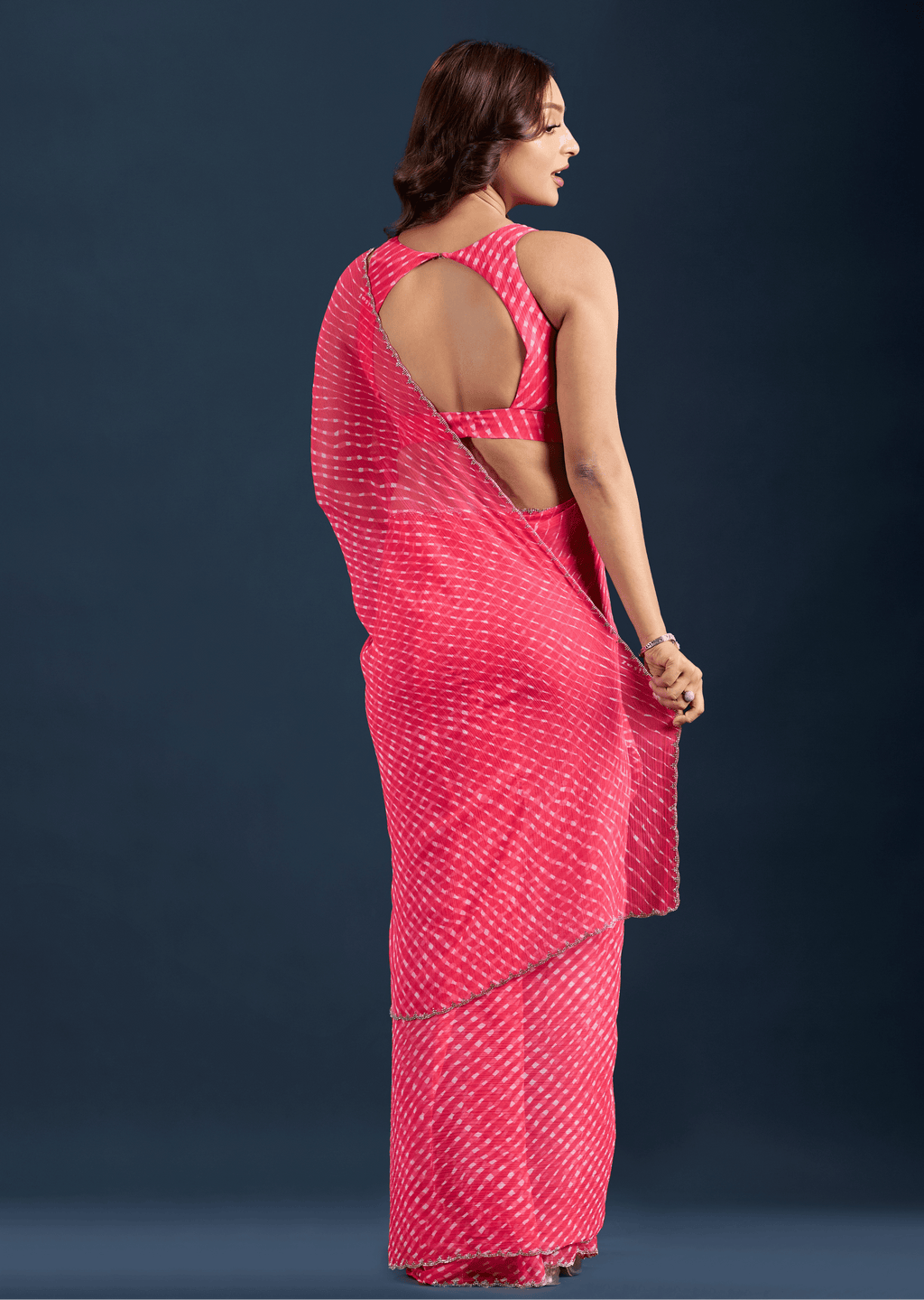 Rani Pink Chiffon Saree With Leheriya Print