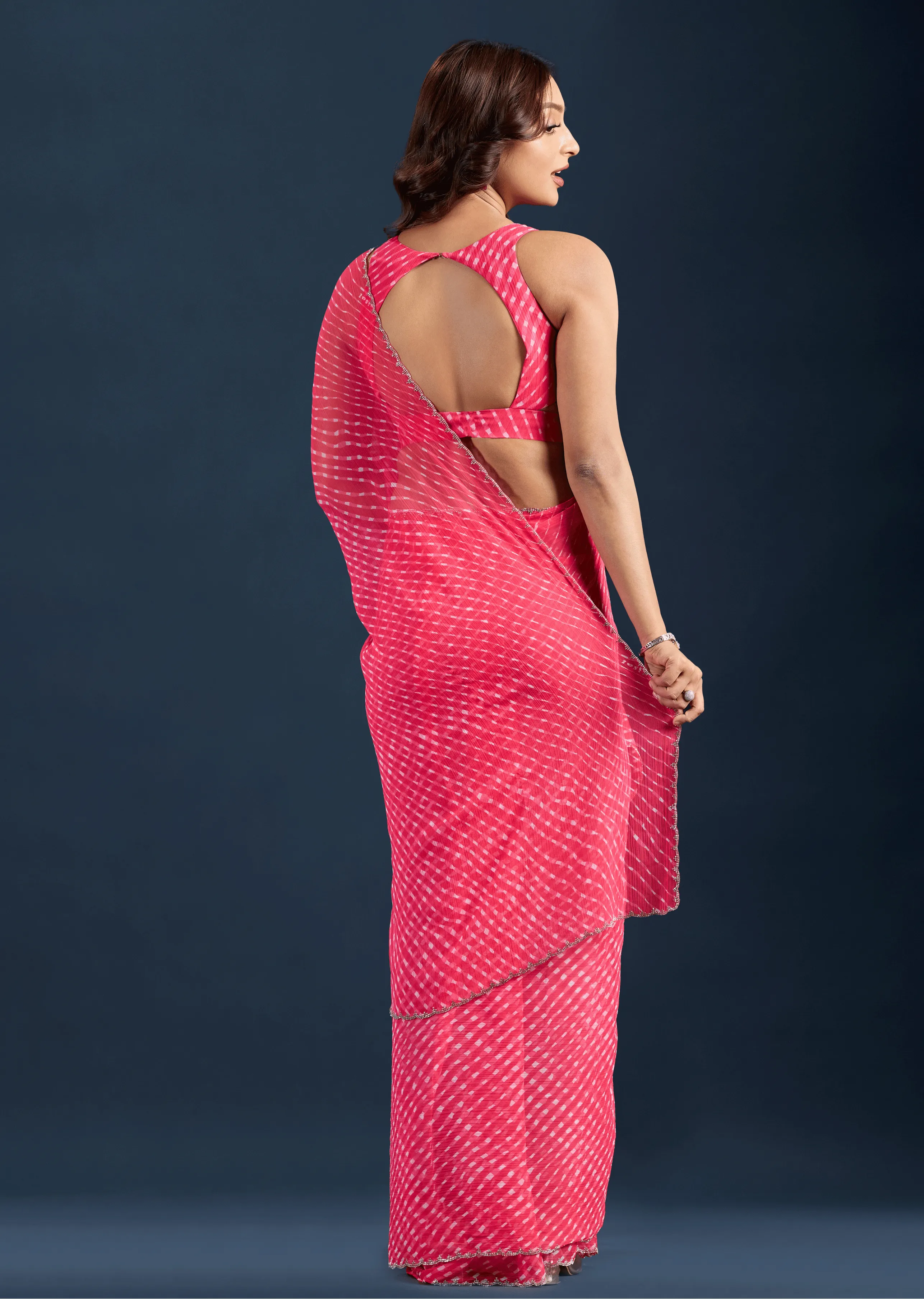  Rani Pink Chiffon Saree Back Pose - Leheriya Print Detail