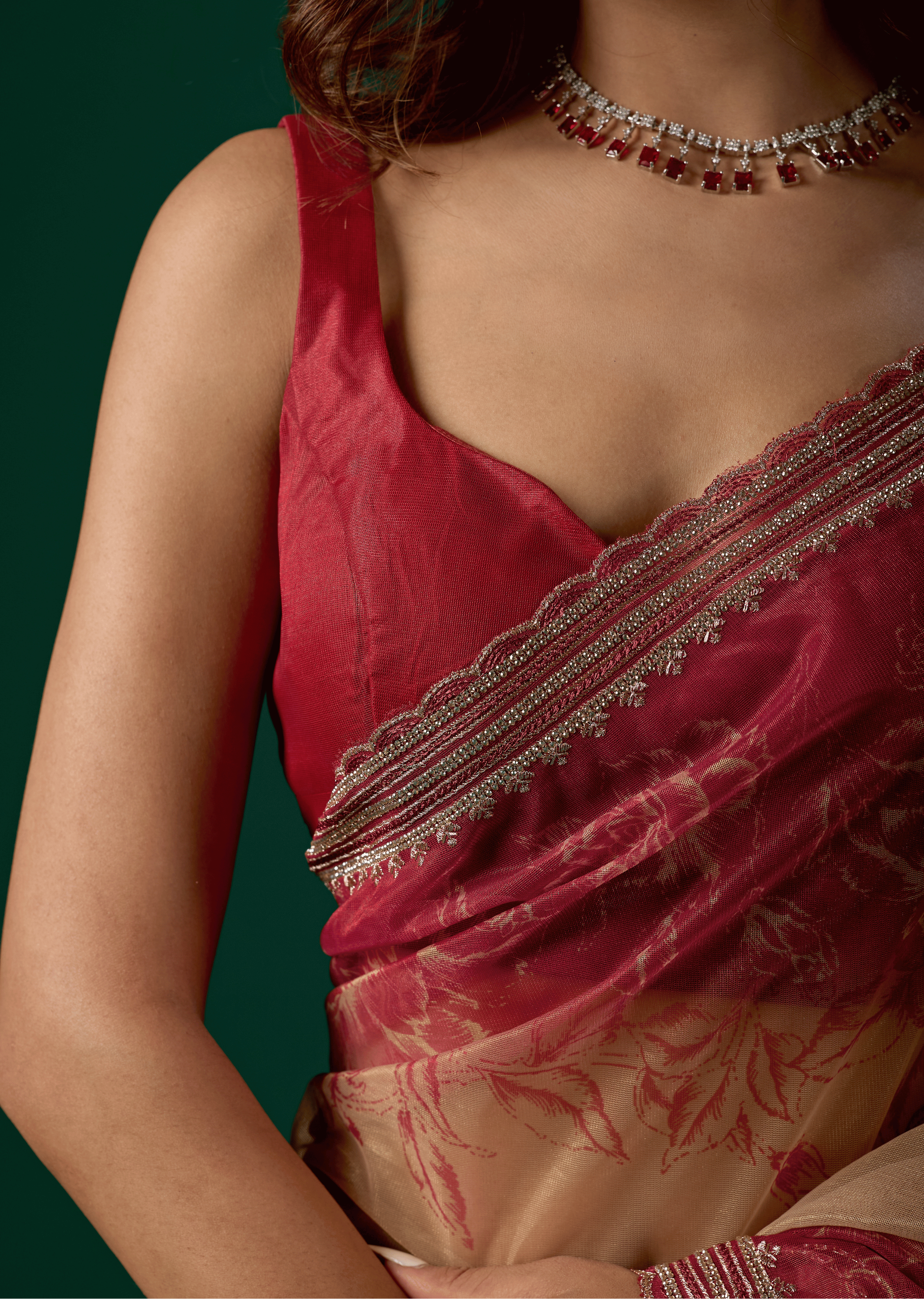 Ruby Red Organza Saree With Floral Print