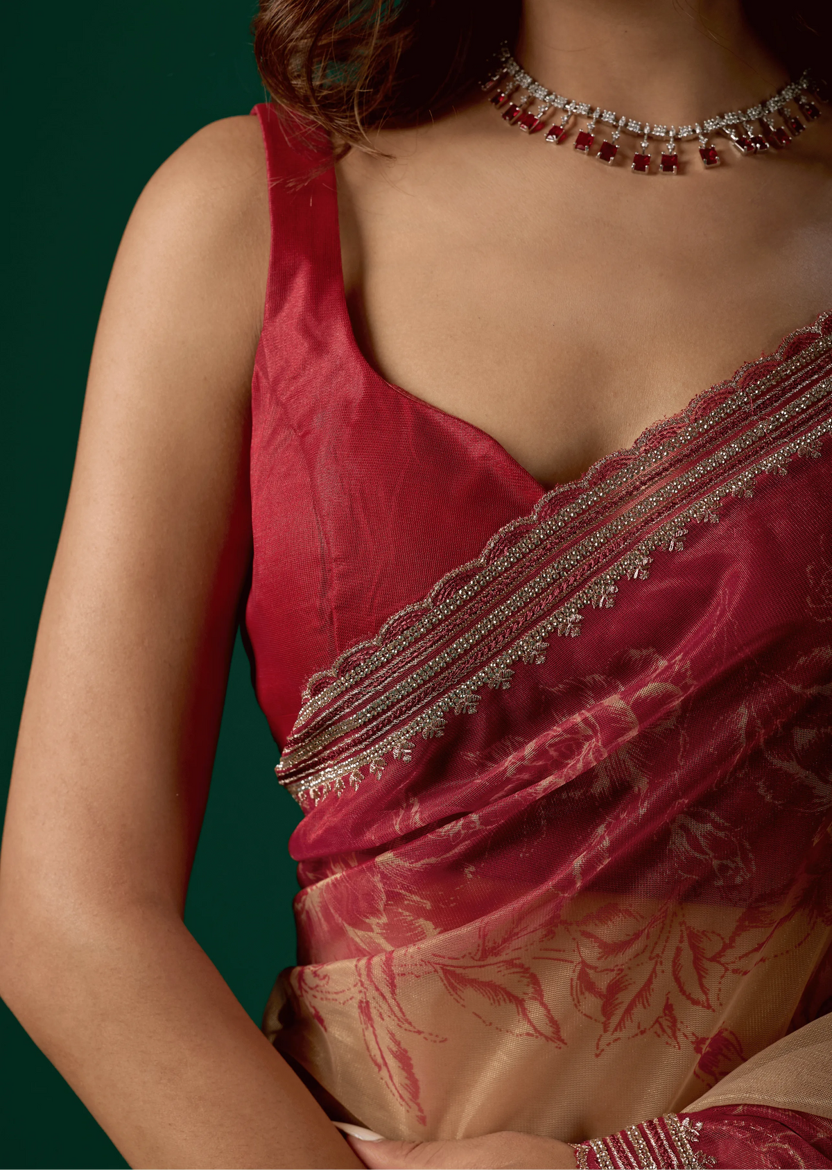 Ruby Red Organza Saree With Floral Print