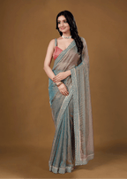 Sky Blue Organza Saree With Stone Work