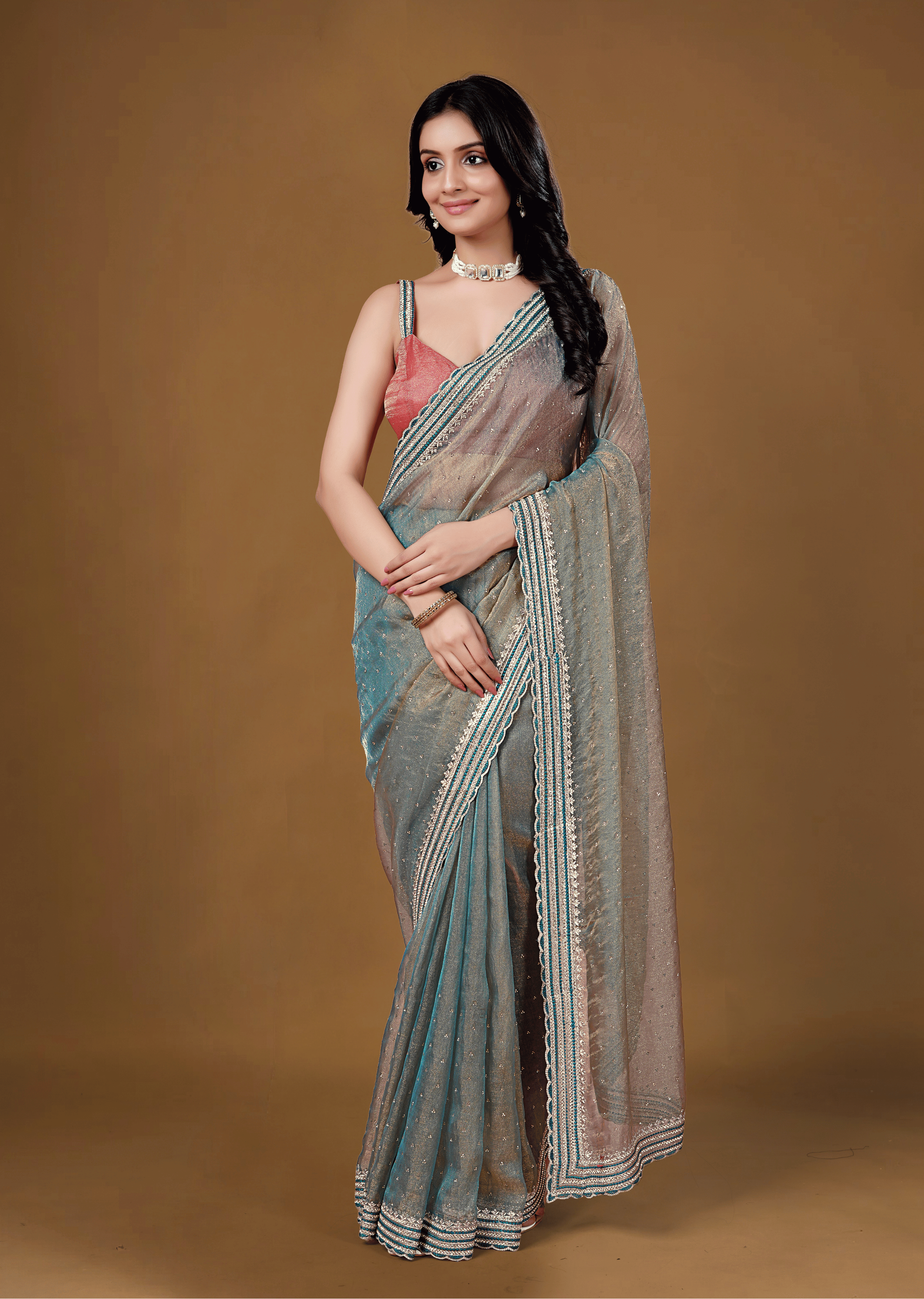 Sky Blue Organza Saree With Stone Work