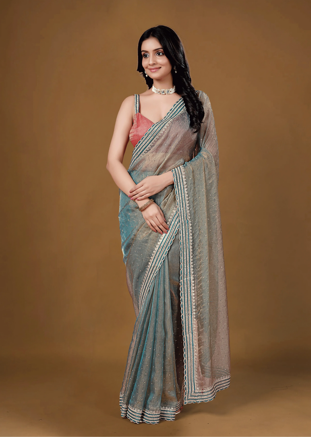 Sky Blue Organza Saree Standing Look - Reception Wear Saree
