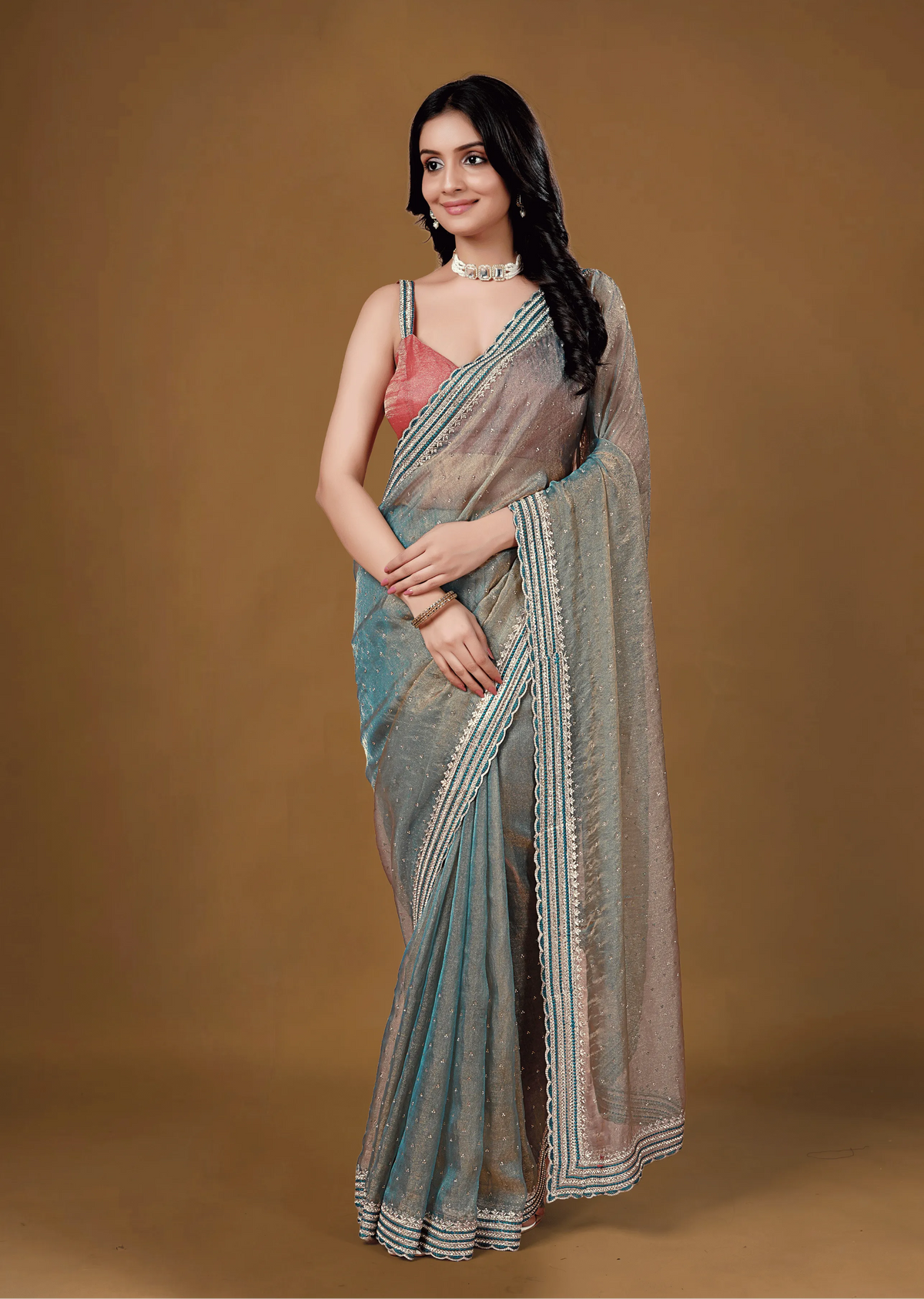 Sky Blue Organza Saree Standing Look - Reception Wear Saree