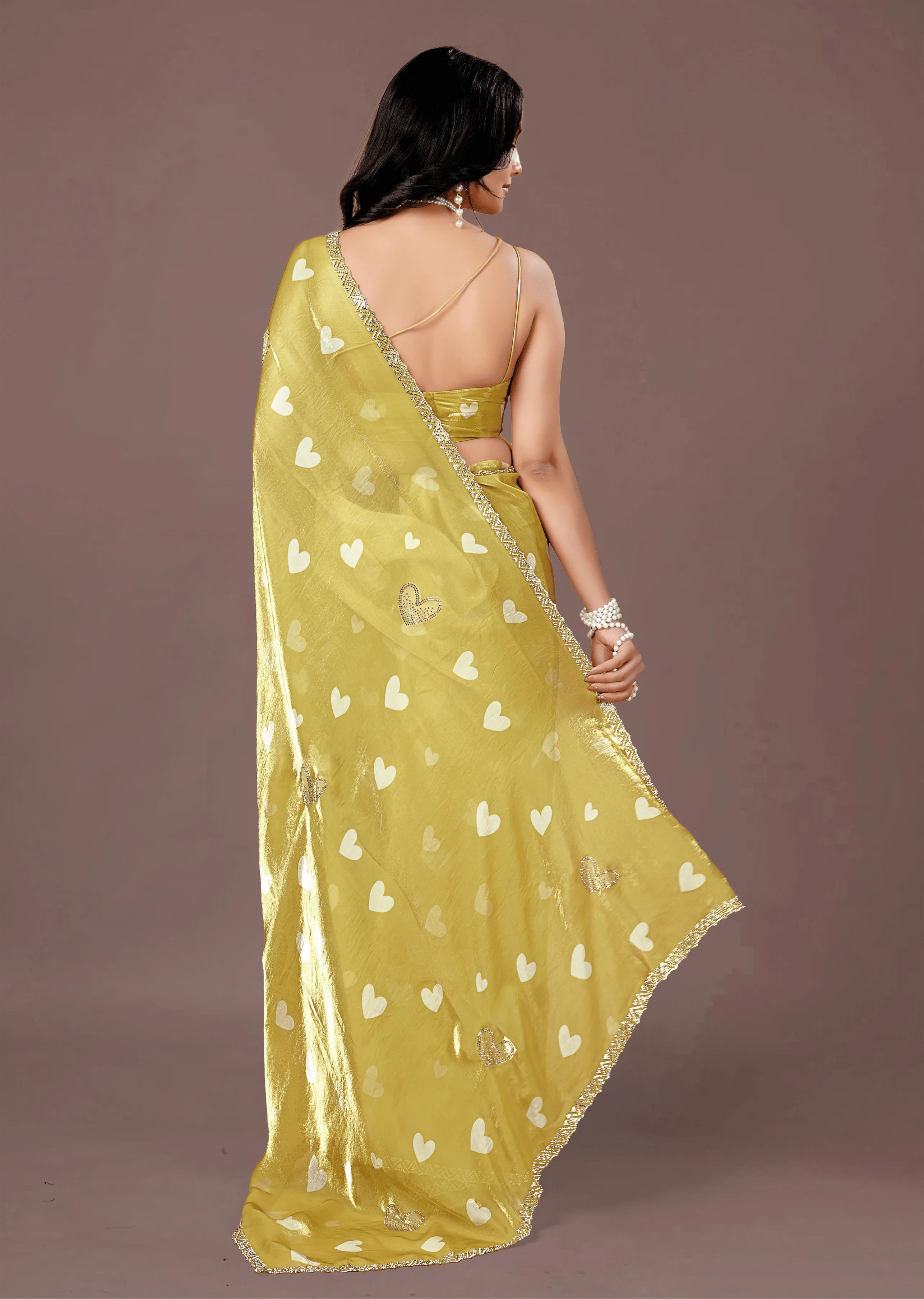 Mustard Yellow Organza Silk Saree Back Pose - Heart Print Detail