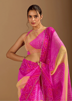 Rani Pink Chiffon Saree Close Up Pose - Haldi Ceremony Wear