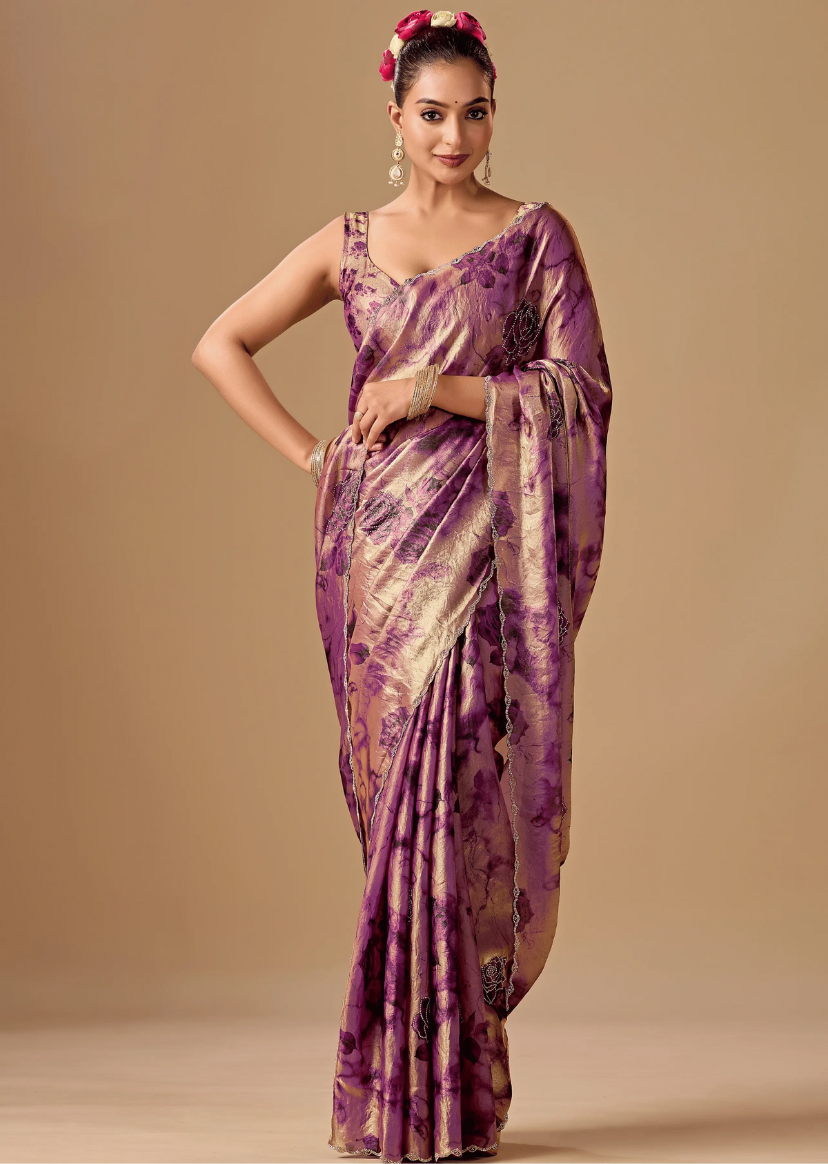 Lavender Organza Silk Saree With Stone Work - Front Look | Buy On Ethnic9