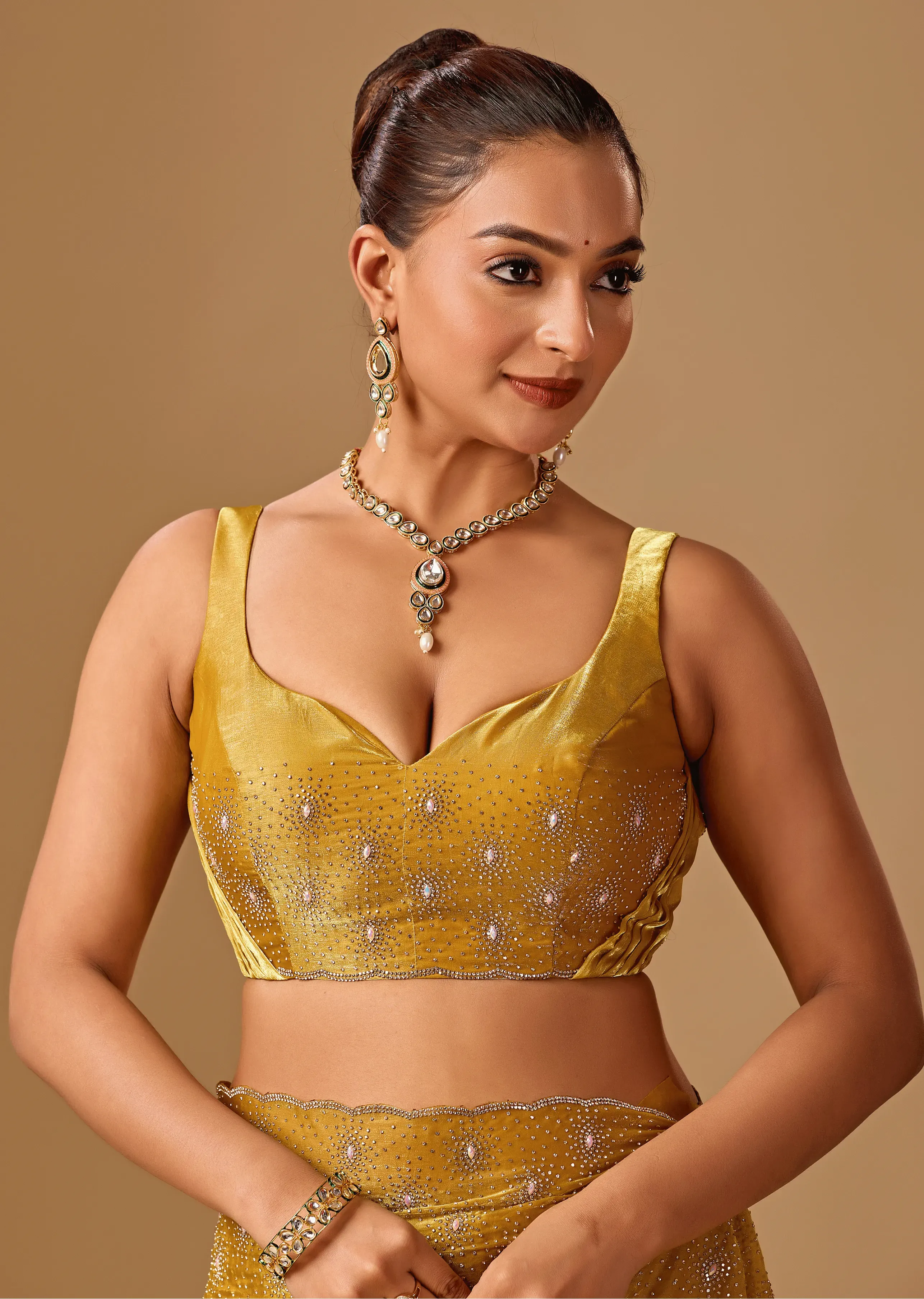 Golden Mustard Tissue Silk Saree With Crystal Stone Border