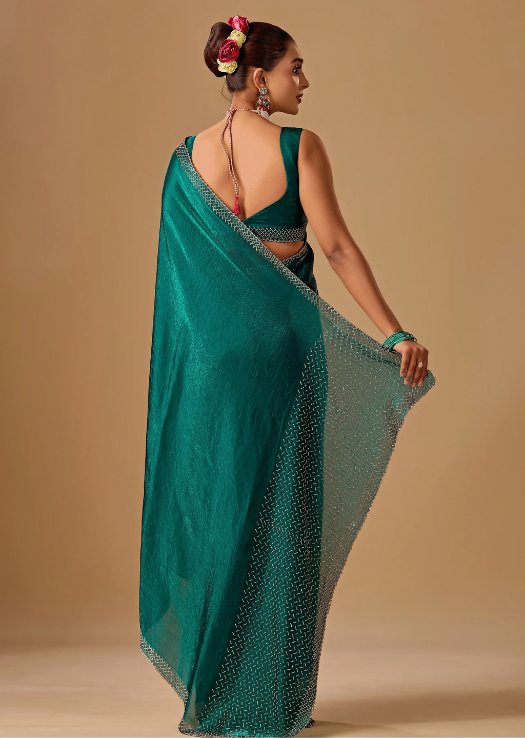 Emerald Green Tissue Silk Saree With Crystal Stone Border