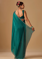Emerald Green Tissue Silk Saree With Crystal Stone Border
