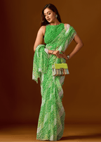 Bottle Green Chiffon Saree With Leheriya Print