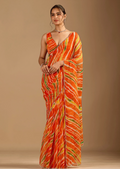 Orange Chiffon Saree With Stone Work - Front Look | Buy Online Ethnic9