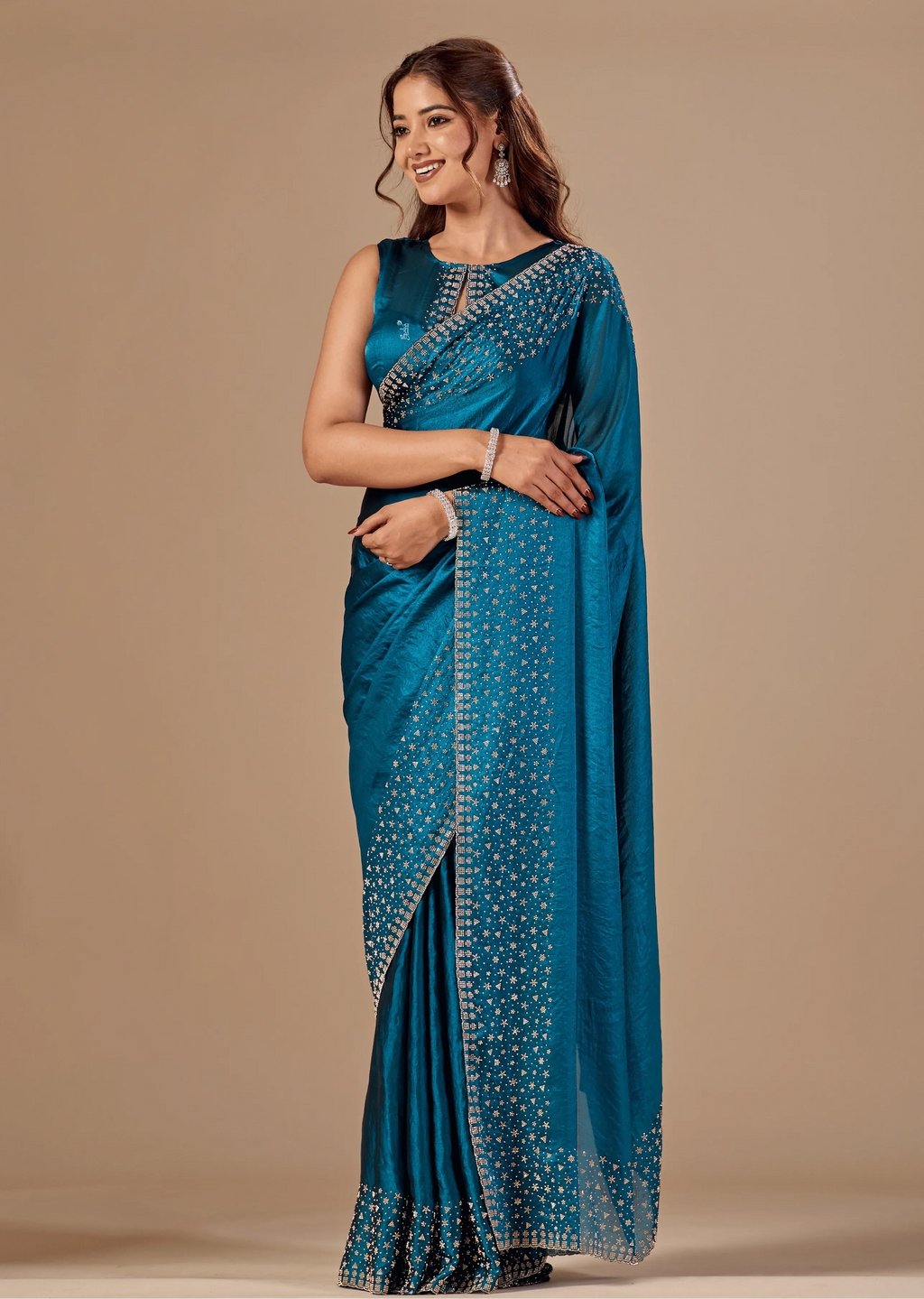 Teal Blue Tissue Silk Saree Close Up Pose - Wedding Wear Saree