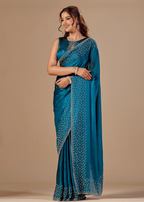 Teal Blue Tissue Silk Saree Close Up Pose - Wedding Wear Saree