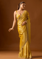 Mustard Yellow Tissue Silk Saree With Stone Work