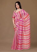 Pink Organza Saree With Striped Print - Front Look | Buy On Ethnic9