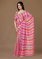 Pink Organza Saree With Striped Print - Front Look | Buy On Ethnic9