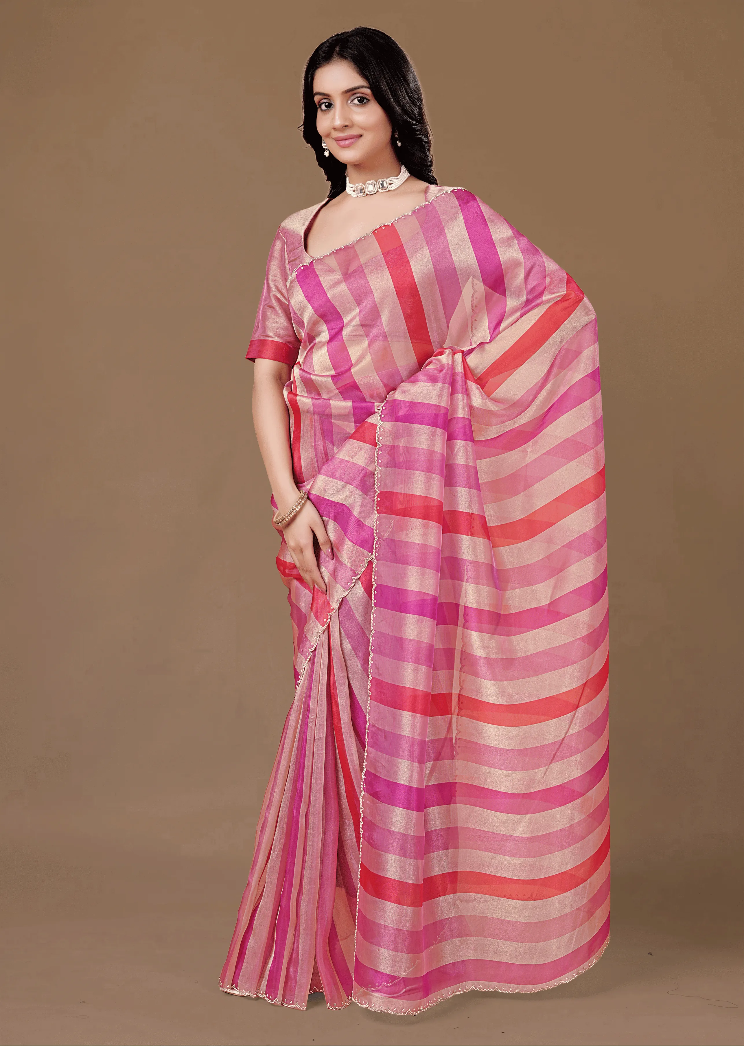 Pink Organza Saree With Striped Print - Front Look | Buy On Ethnic9