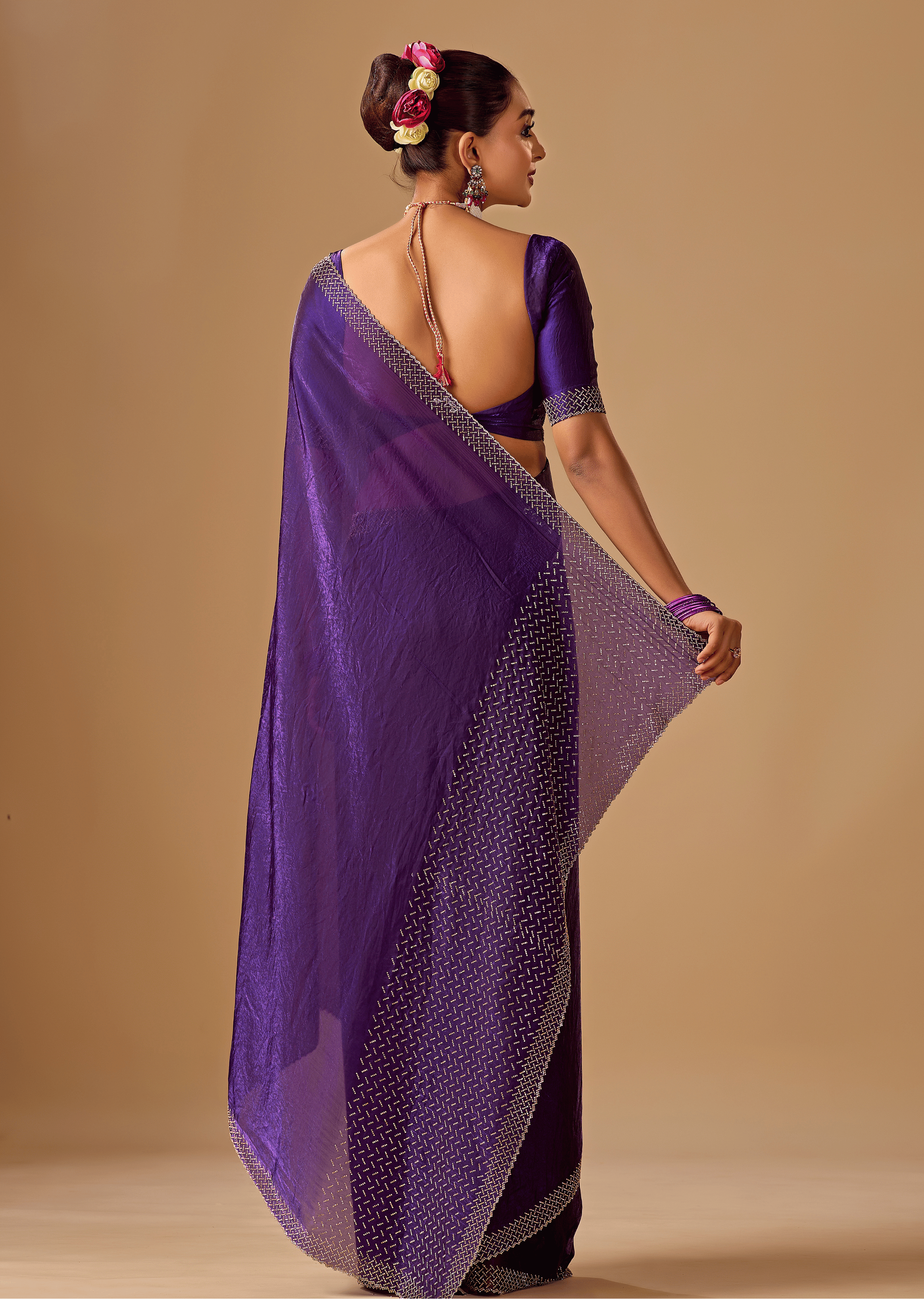 Royal Wine Tissue Silk Saree With Crystal Stone Border