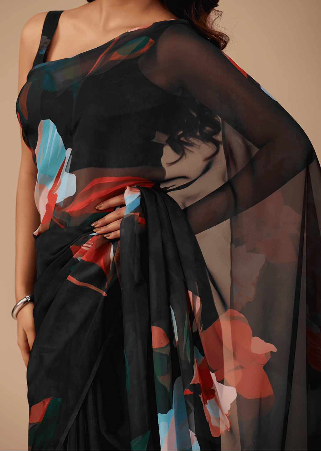 Black Soft Organza Saree With Floral Print
