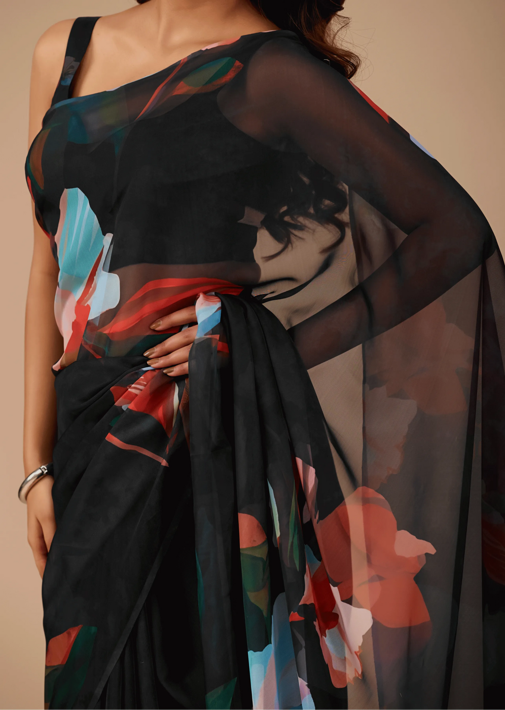Black Soft Organza Saree Pallu Detail - Sheer Drape Detail