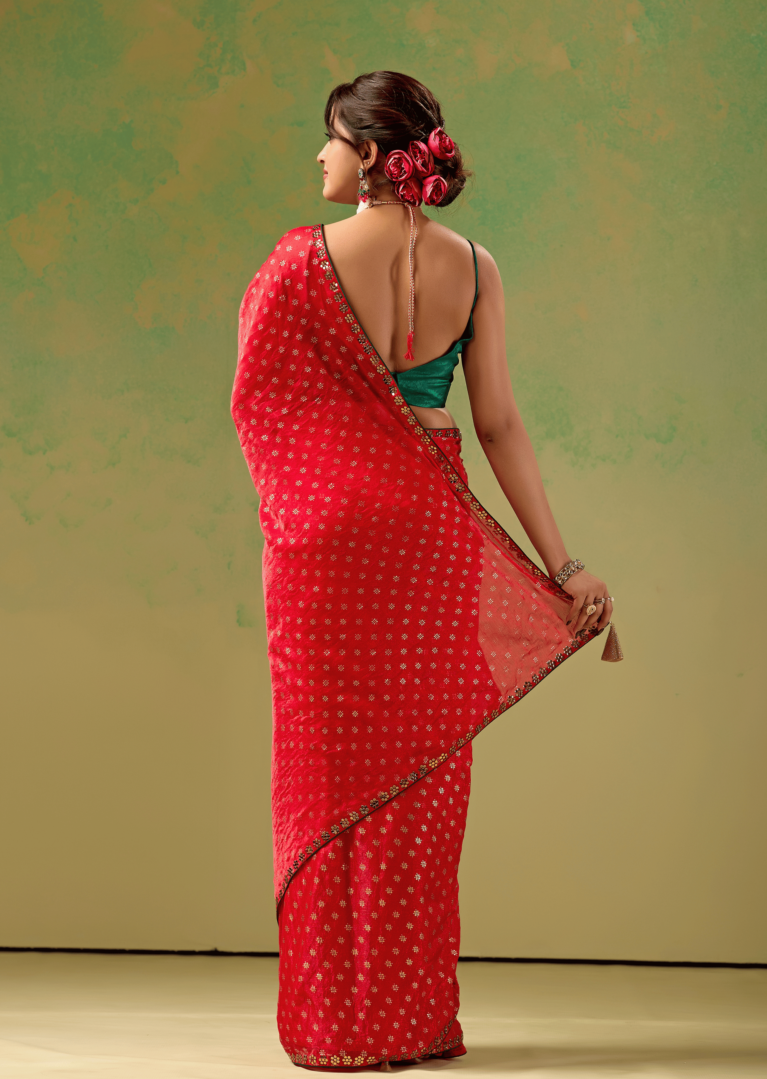 Red Tissue Silk Saree With Foil Butti Print
