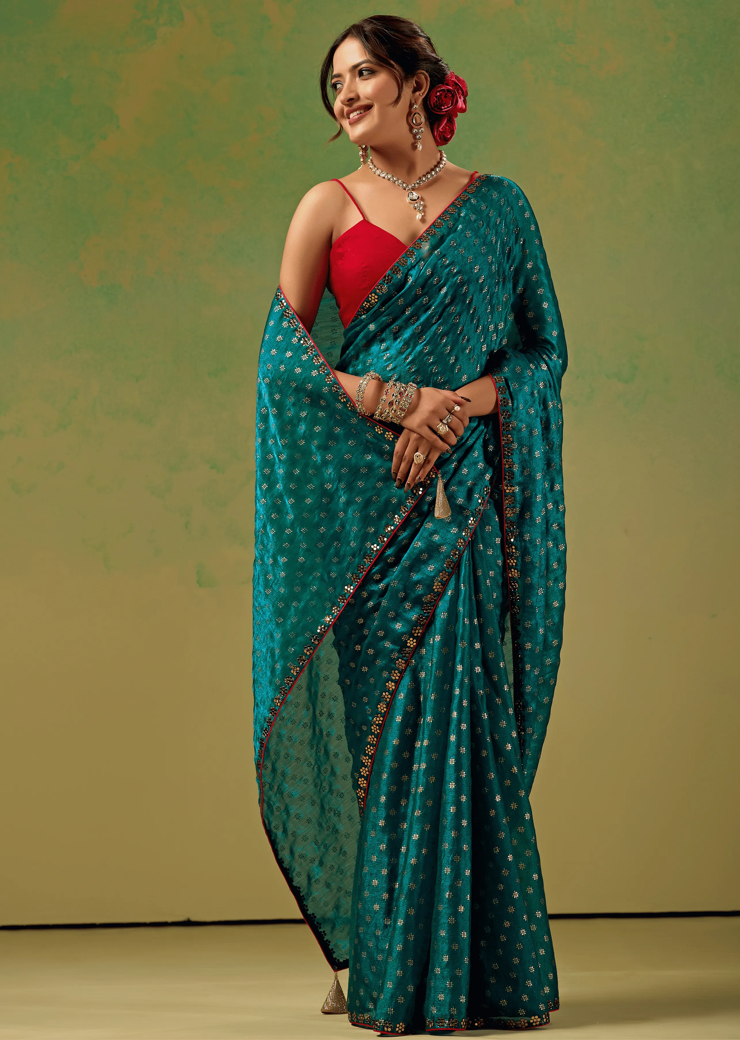 Teal Blue Tissue Silk Saree Side Pose - Wedding Wear Saree