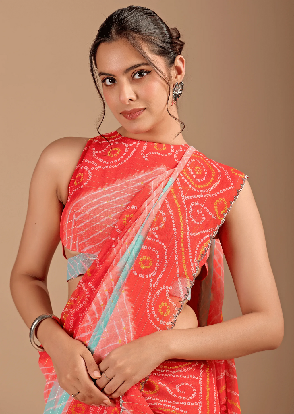 Orange Chiffon Saree With Bandhani Print - Photo 6 | Buy Online Ethnic9