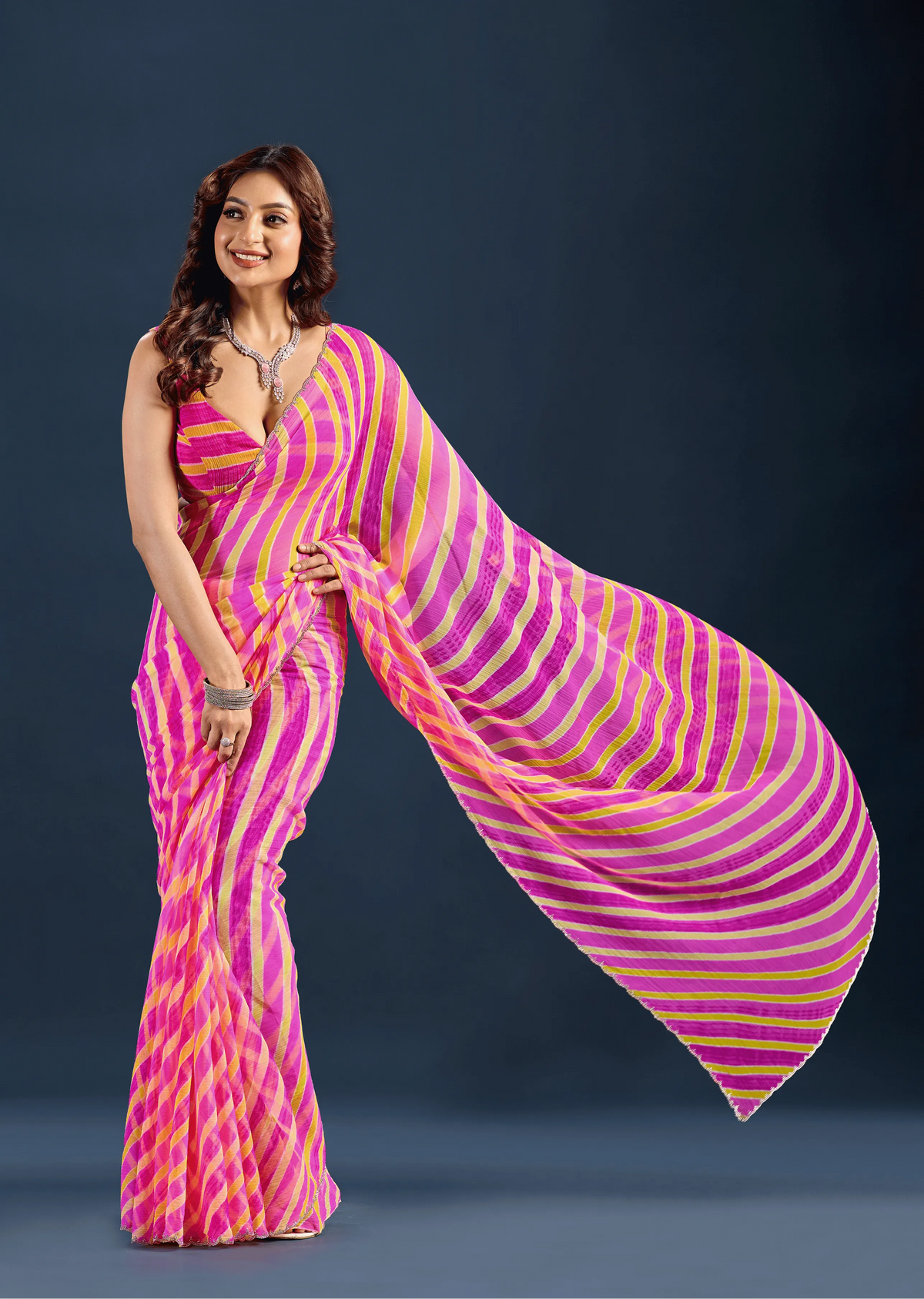 Rani Pink Chiffon Saree With Striped Print - Front Look | Buy On Ethnic9
