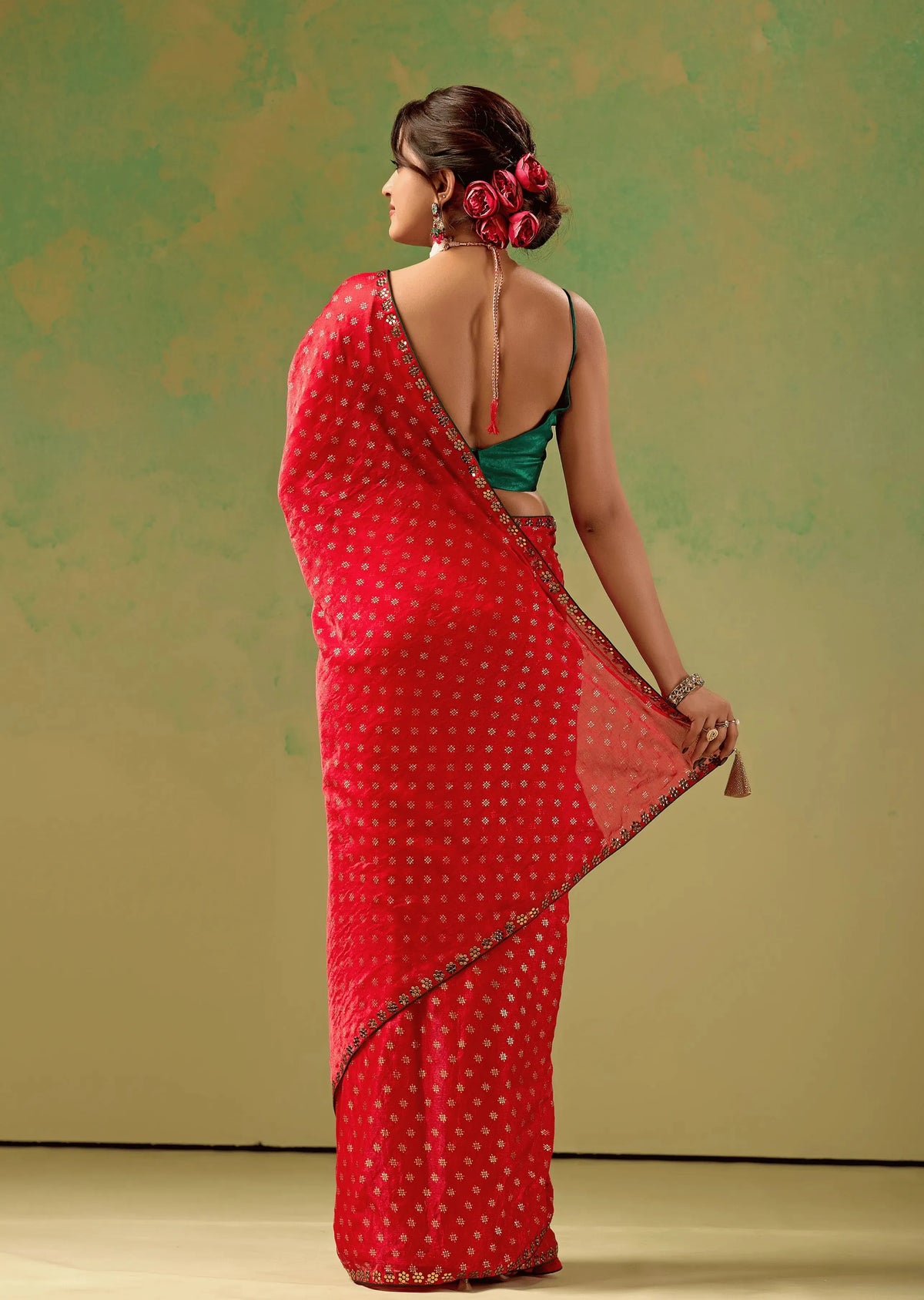 Red Tissue Silk Saree With Foil Butti Print - Photo 3 | Buy Online Ethnic9