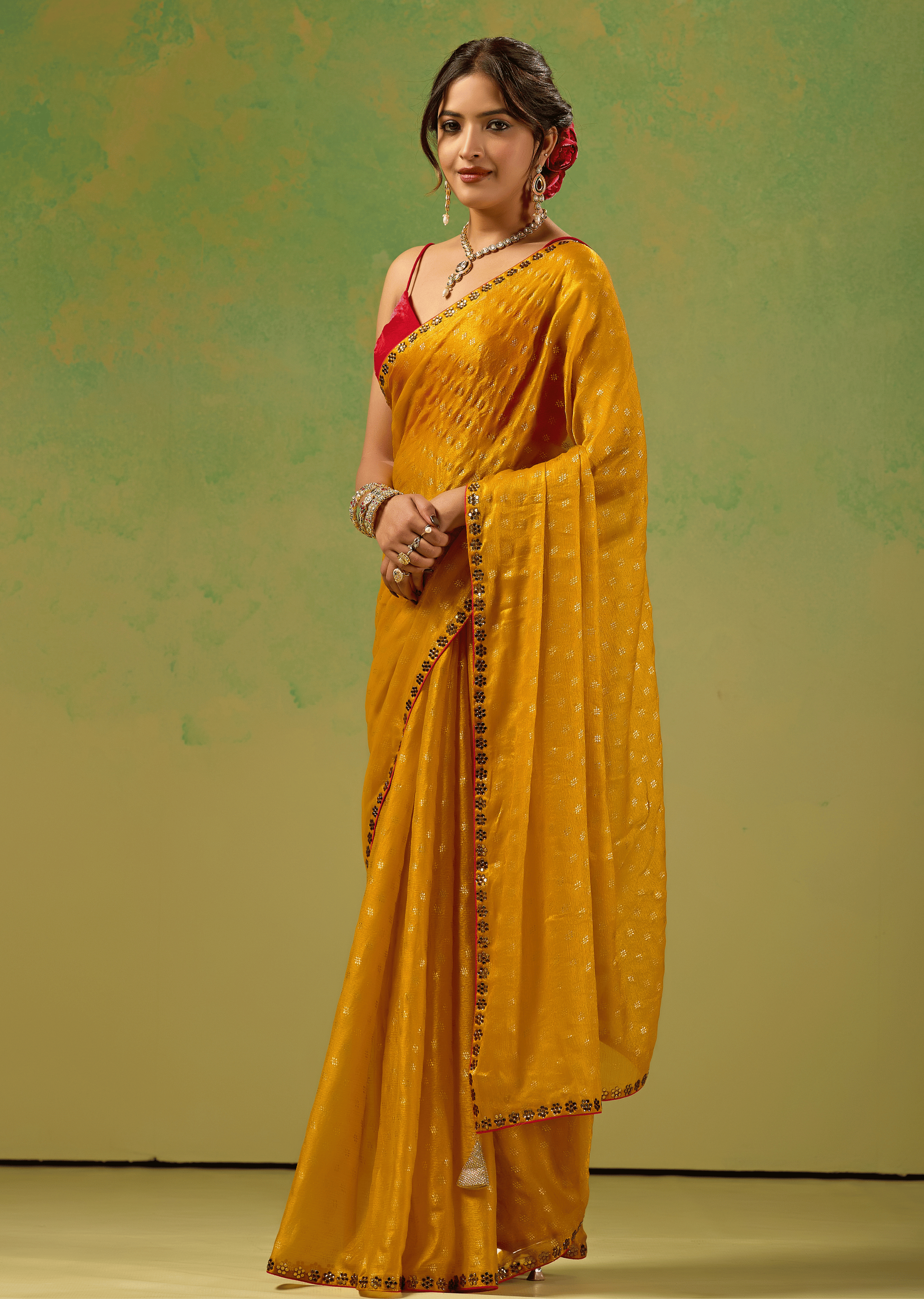 Mustard Yellow Tissue Silk Saree With Foil Butti Print