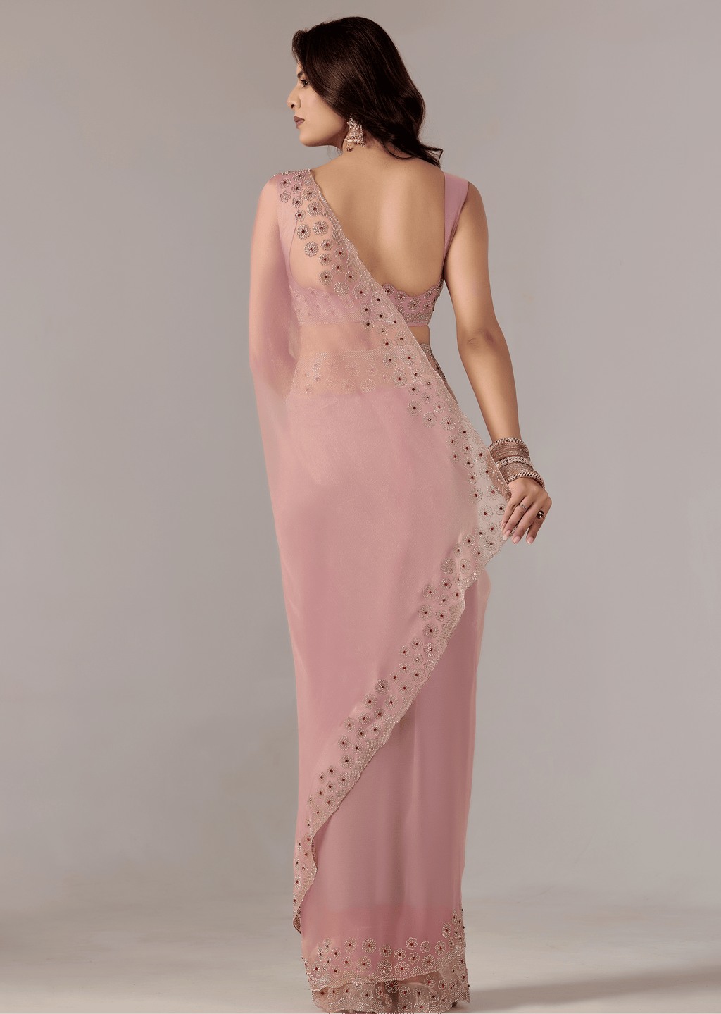 Baby Pink Tissue Saree With Stone Embroidery