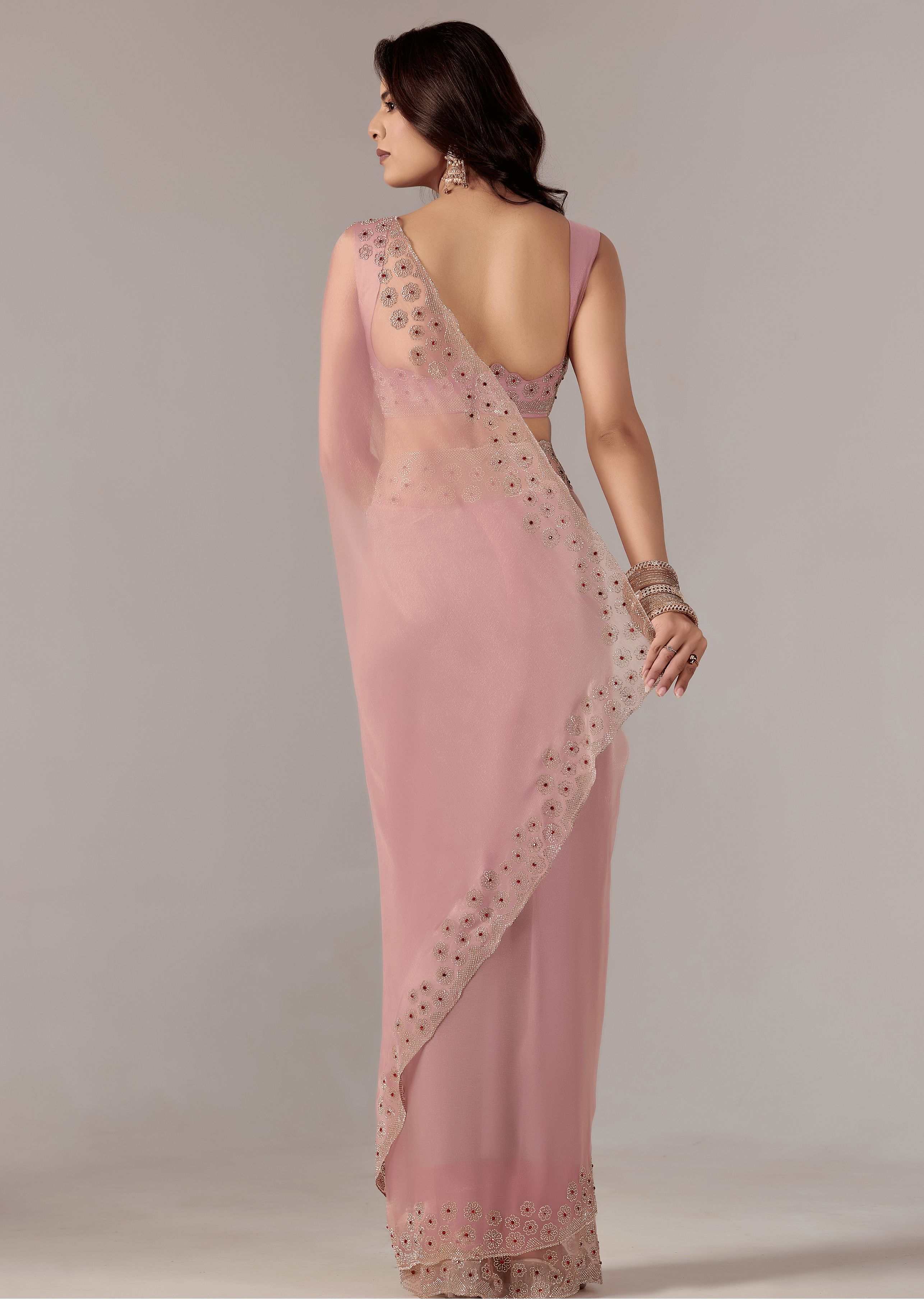 Baby Pink Tissue Saree With Stone Embroidery