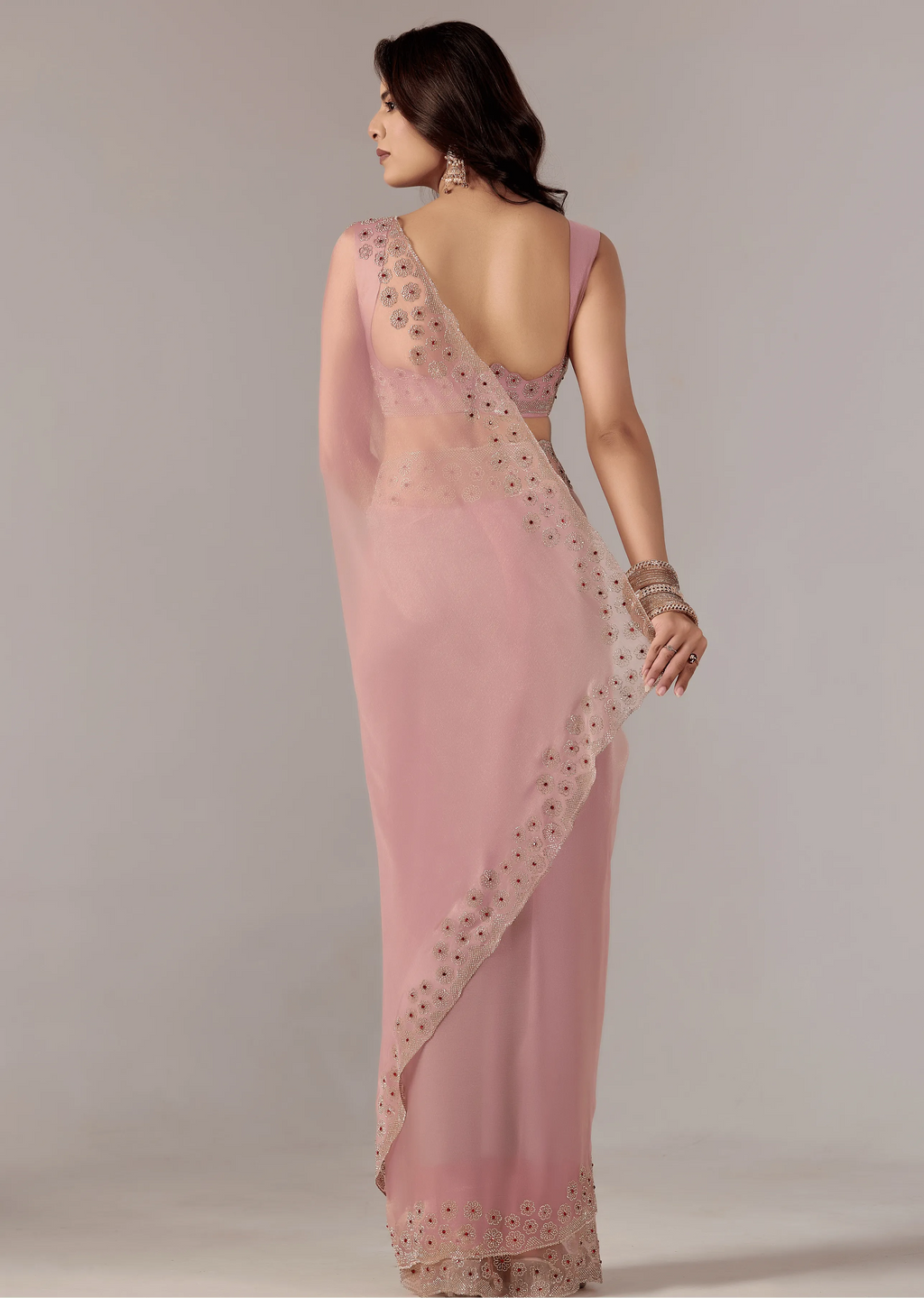  Baby Pink Tissue Saree Back Pose - Stone Embroidery Detail