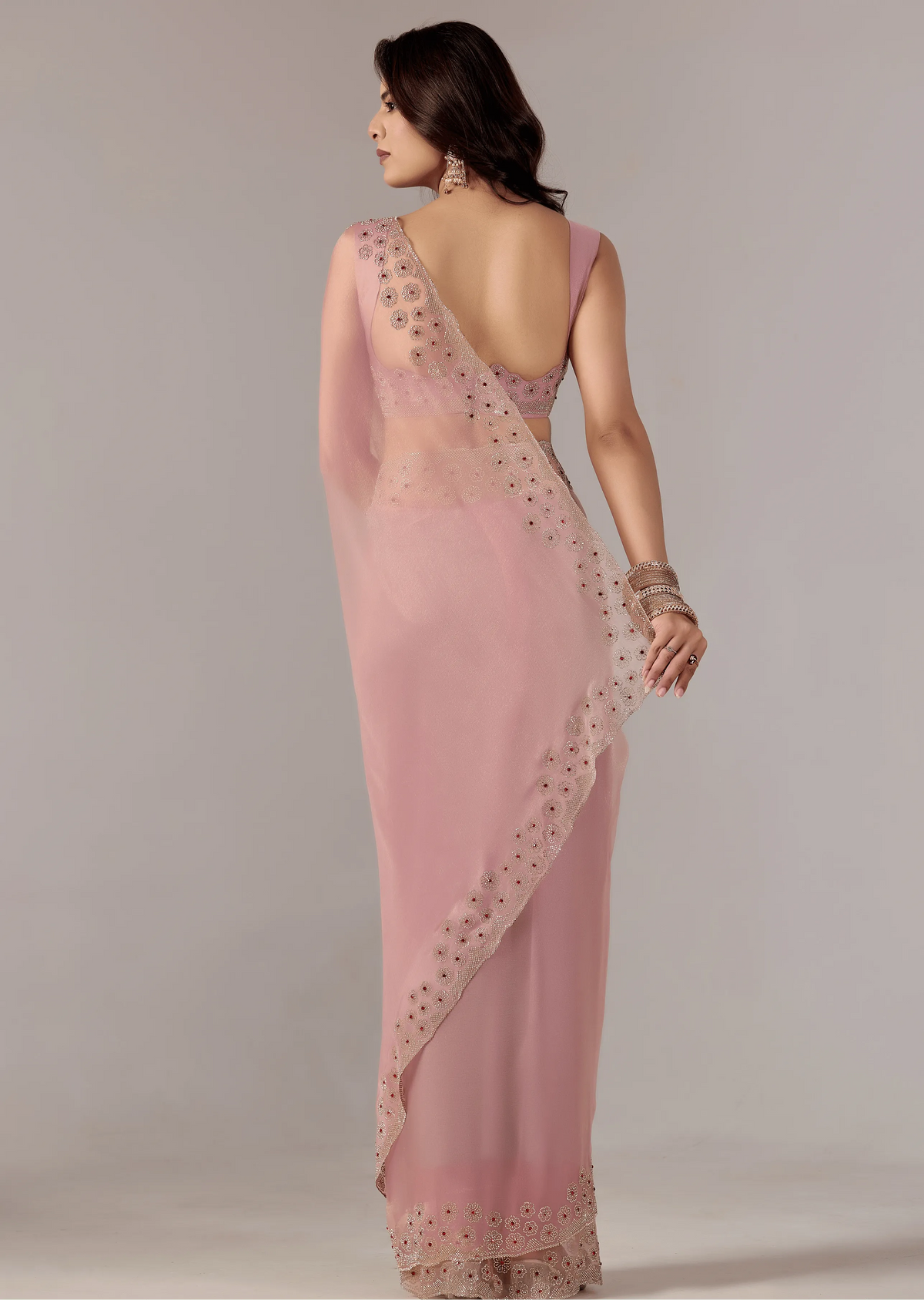  Baby Pink Tissue Saree Back Pose - Stone Embroidery Detail