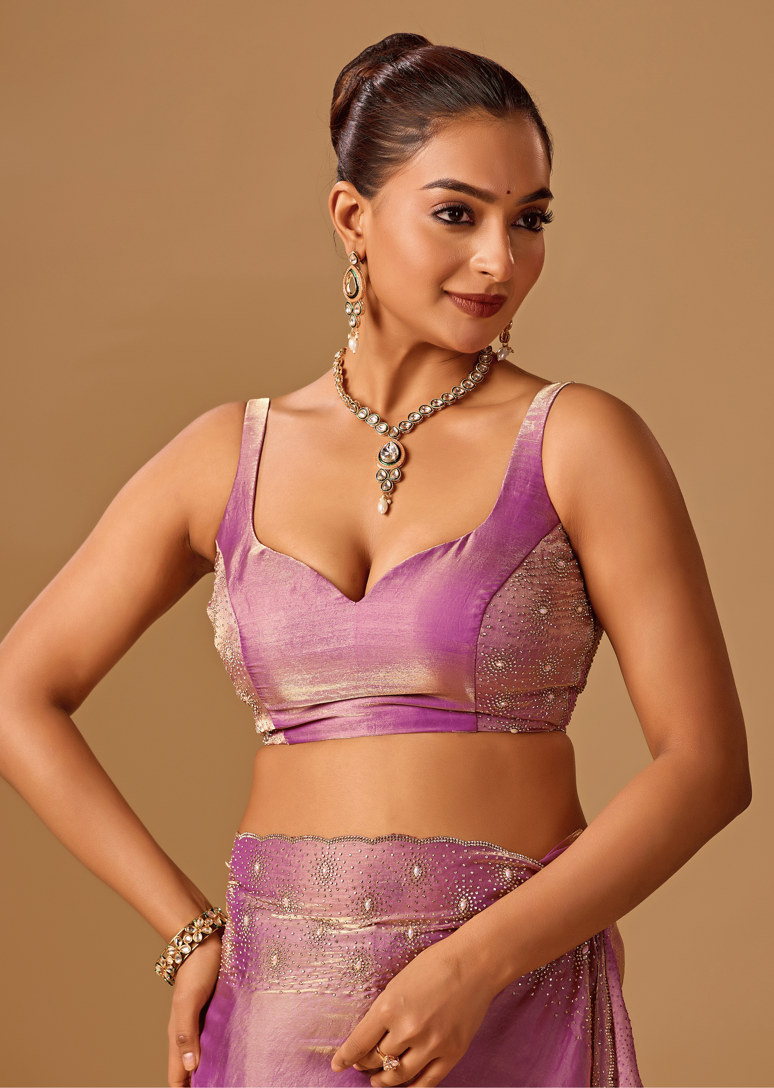 Lavender Tissue Silk Saree With Stone Work